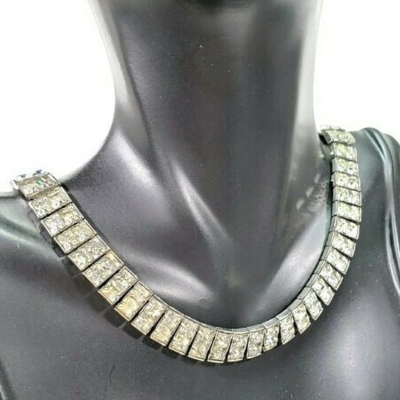 Silver Tone Channel Rhinestone Necklace Collar 14" - Picture 3 of 8